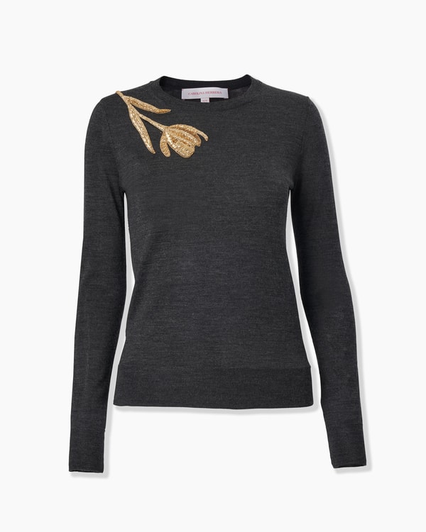 Tulip-Embroidered Merino-Silk Sweater